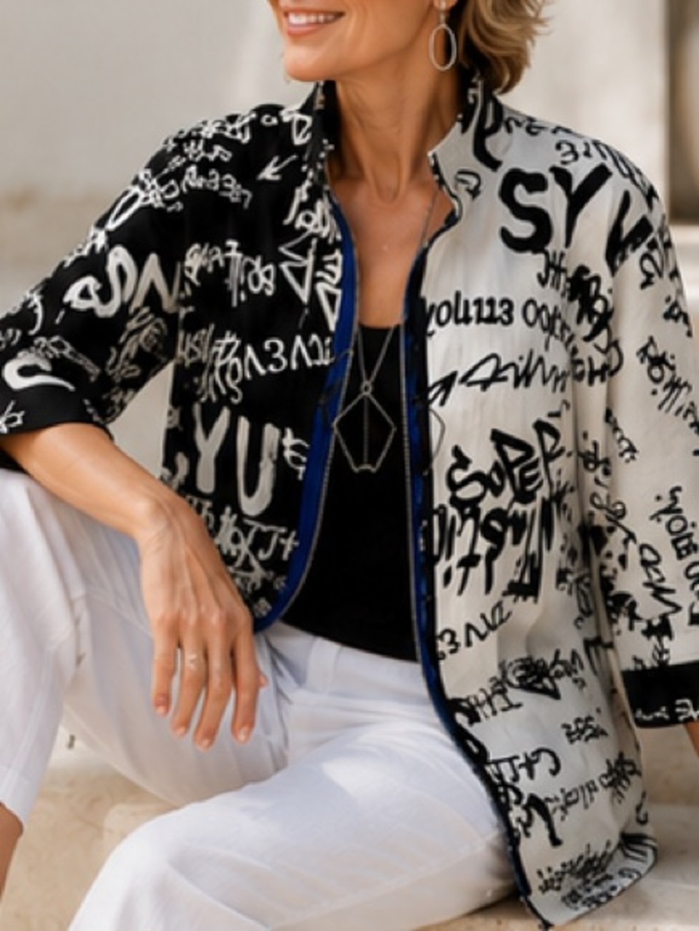 IC Connie K black white typography print front zip jacket 3/4 sleeves S - Picture 2 of 12